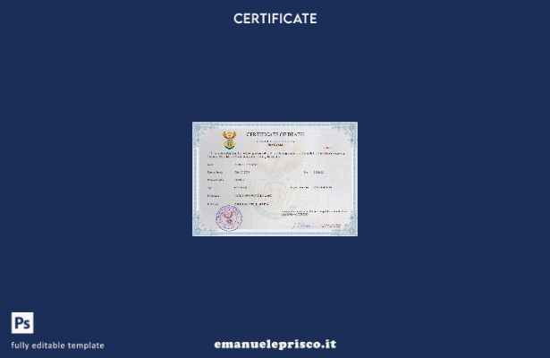 Modello PSD del certificato di morte del Sudafrica in stile verificato